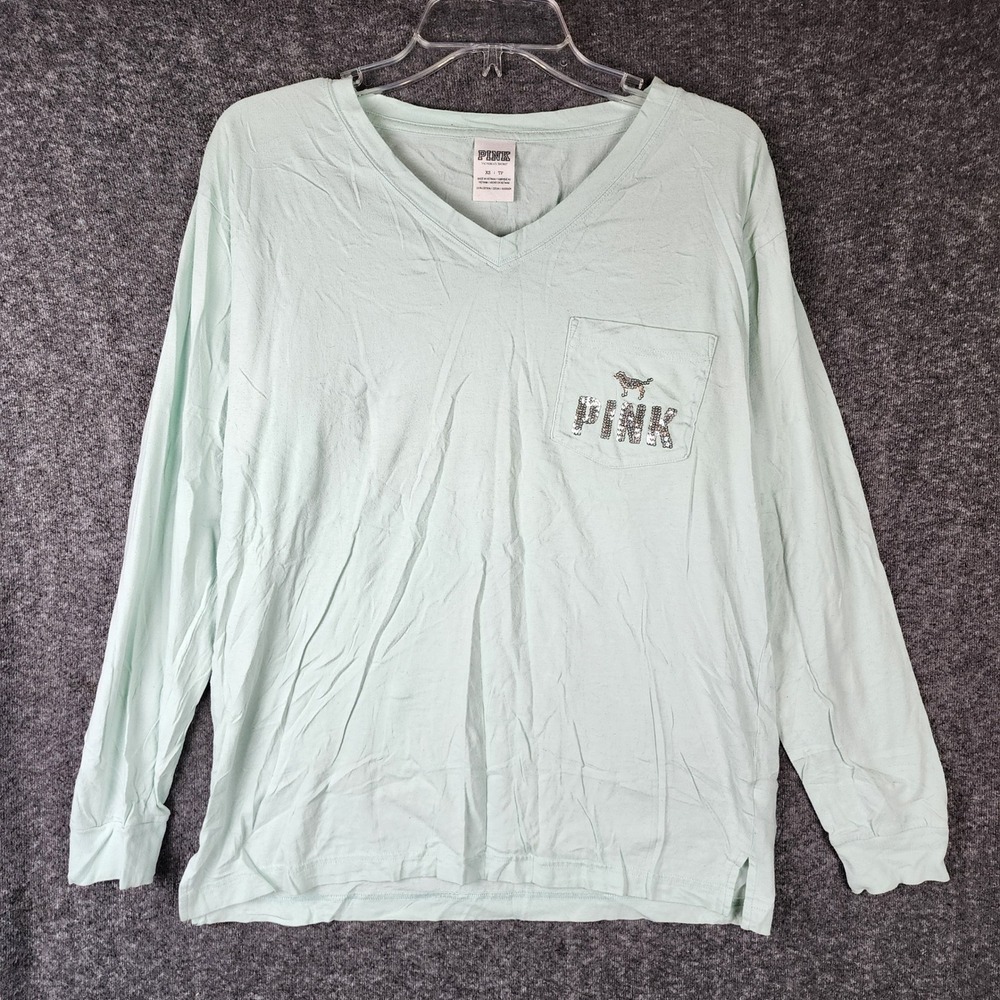 Victoria's Secret PINK T-Shirt Womens XS Sequin Logo Mint Green Long Sleeve EUC